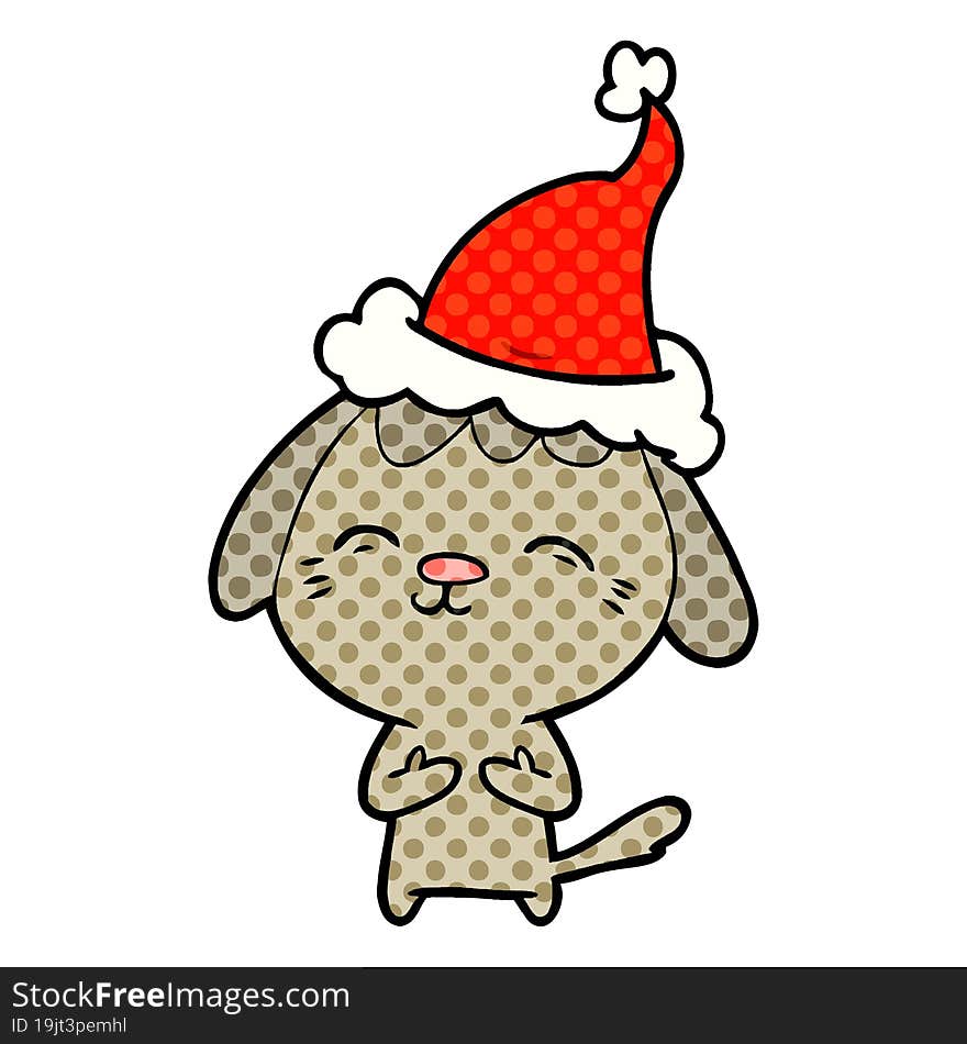 Happy Comic Book Style Illustration Of A Dog Wearing Santa Hat