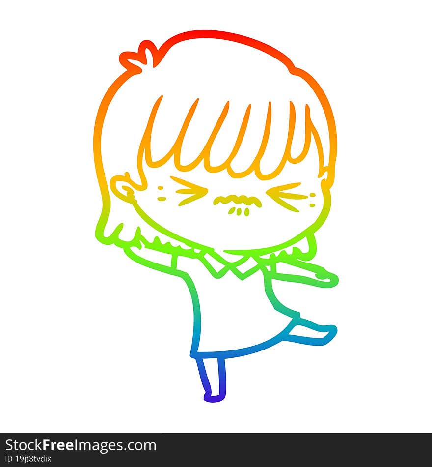 Rainbow Gradient Line Drawing Annoyed Cartoon Girl