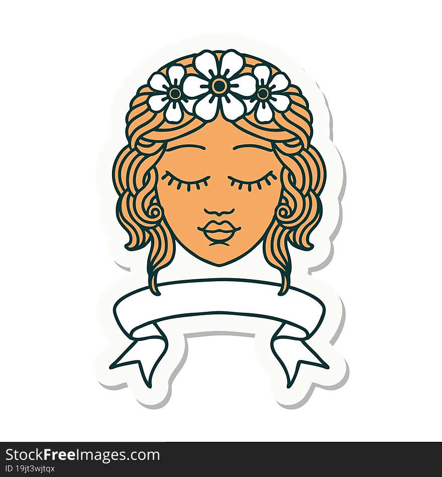 tattoo sticker with banner of female face with eyes closed