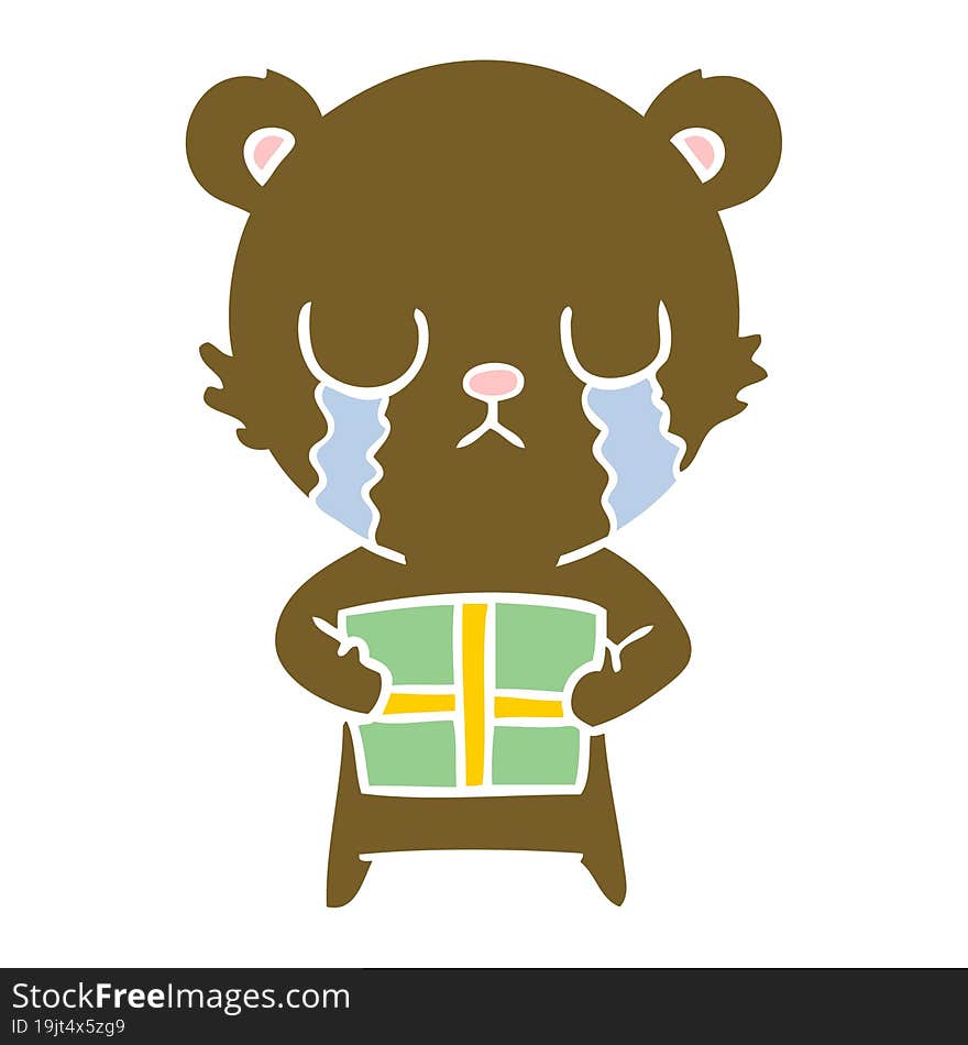 crying flat color style cartoon bear with present