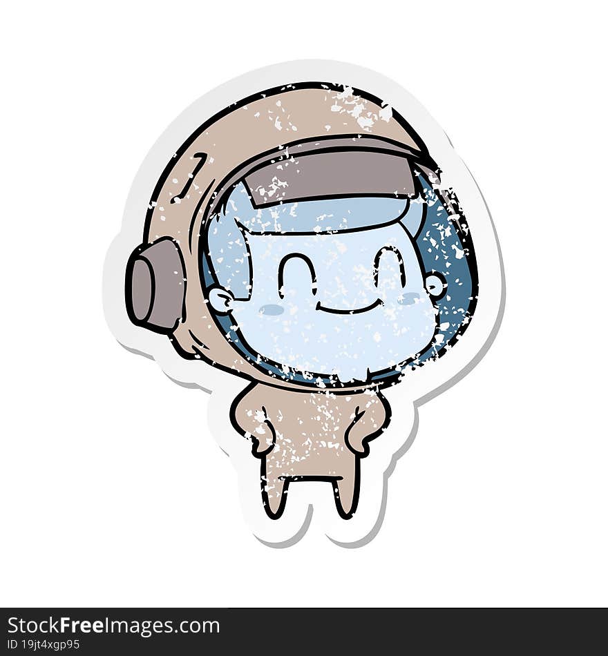 distressed sticker of a happy cartoon astronaut man