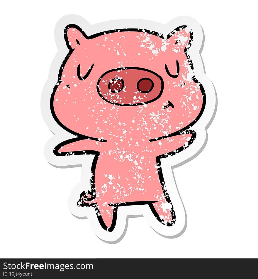 distressed sticker of a cartoon content pig