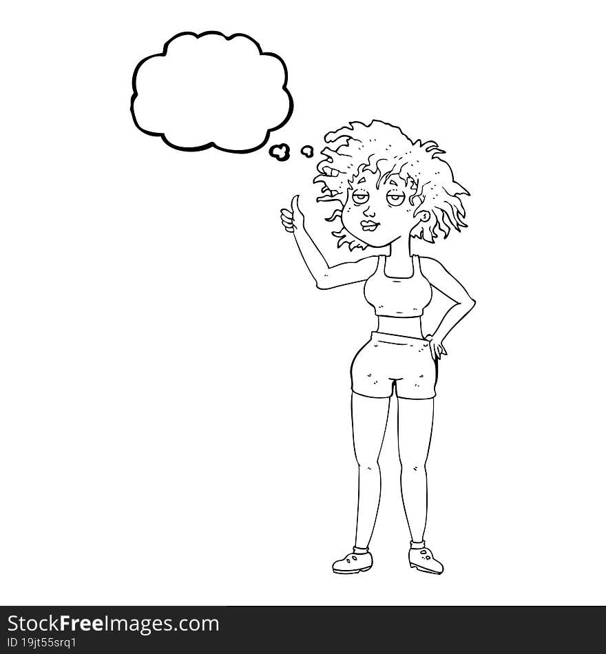 freehand drawn thought bubble cartoon tired gym woman