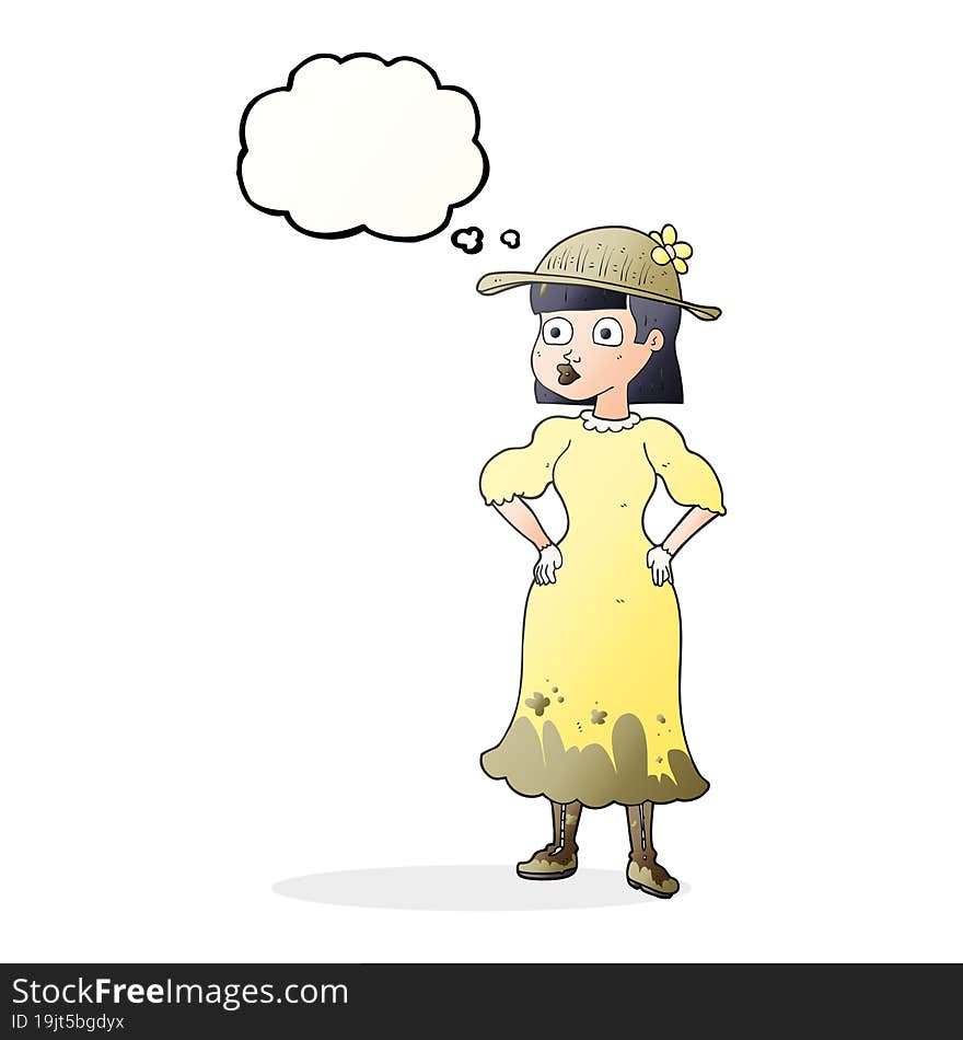 thought bubble cartoon woman in muddy dress