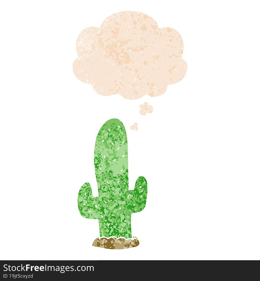 cartoon cactus and thought bubble in retro textured style