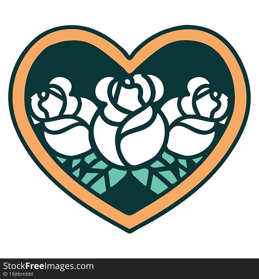 iconic tattoo style image of a heart and flowers. iconic tattoo style image of a heart and flowers