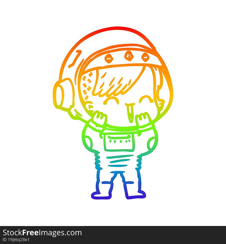 rainbow gradient line drawing of a cartoon laughing astronaut girl