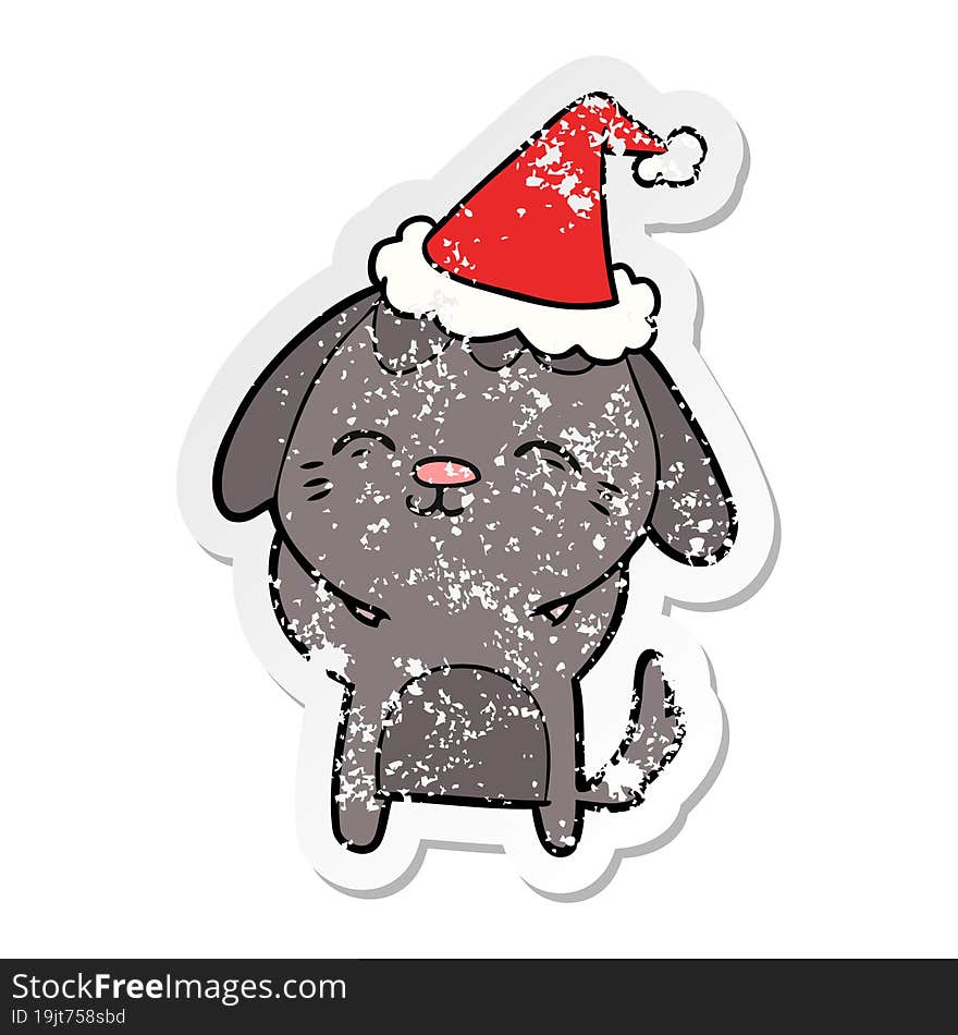 happy distressed sticker cartoon of a dog wearing santa hat