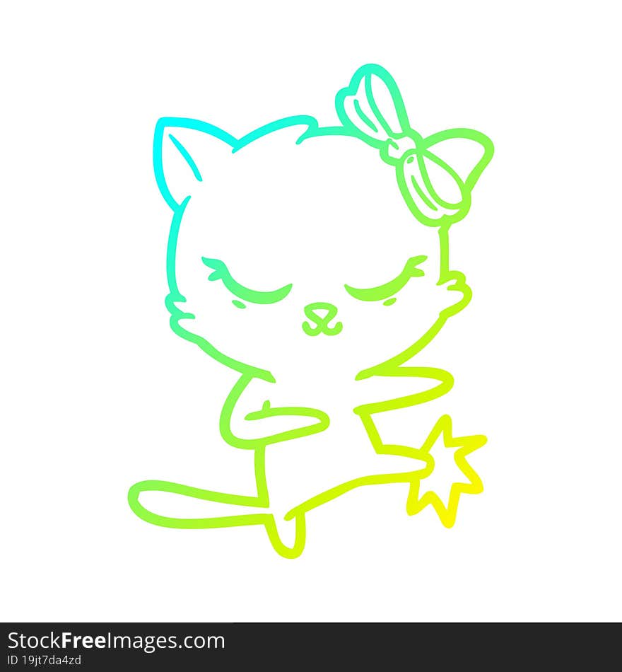 cold gradient line drawing cute cartoon cat with bow