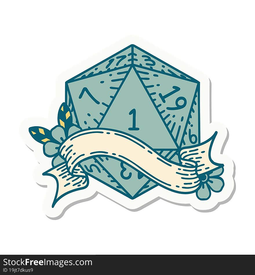 sticker of a natural one d20 dice roll. sticker of a natural one d20 dice roll