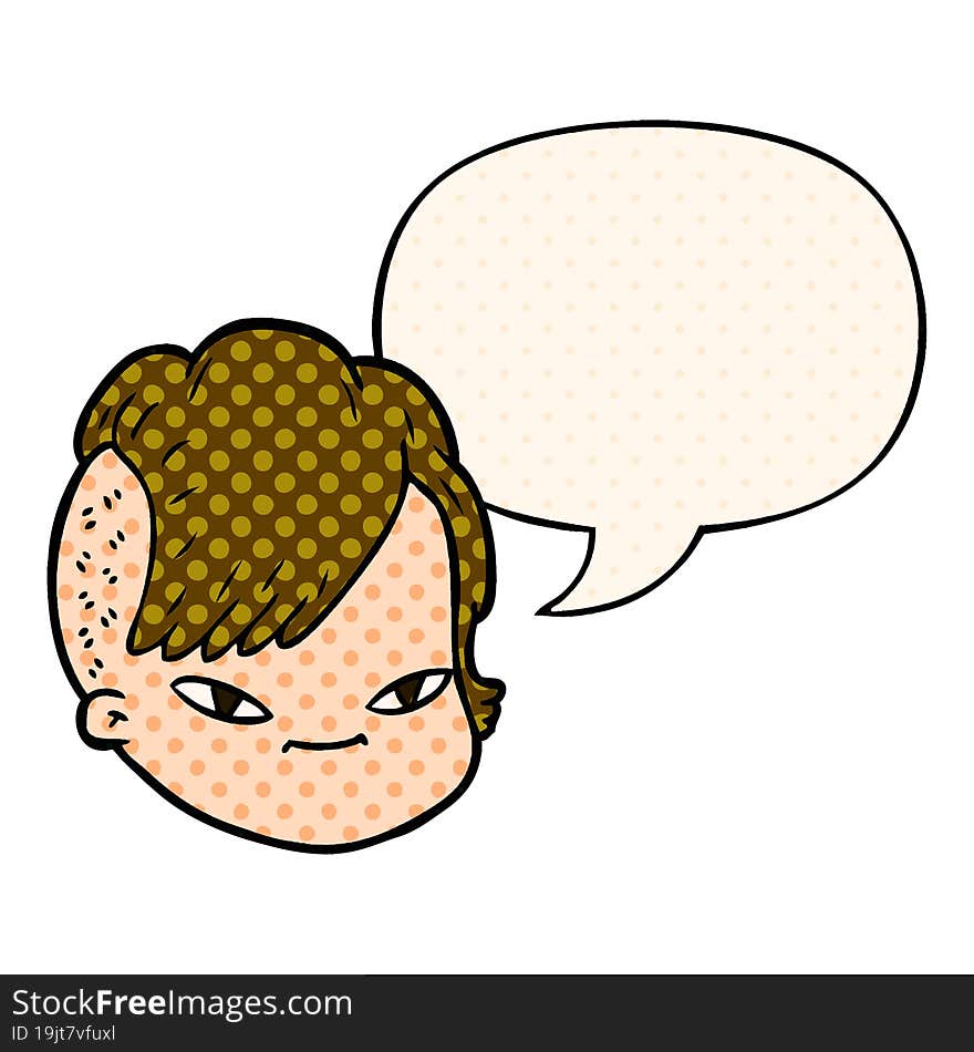 cartoon female face and speech bubble in comic book style