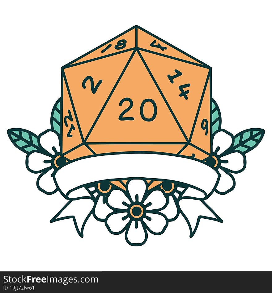 Retro Tattoo Style natural 20 critical hit D20 dice roll. Retro Tattoo Style natural 20 critical hit D20 dice roll