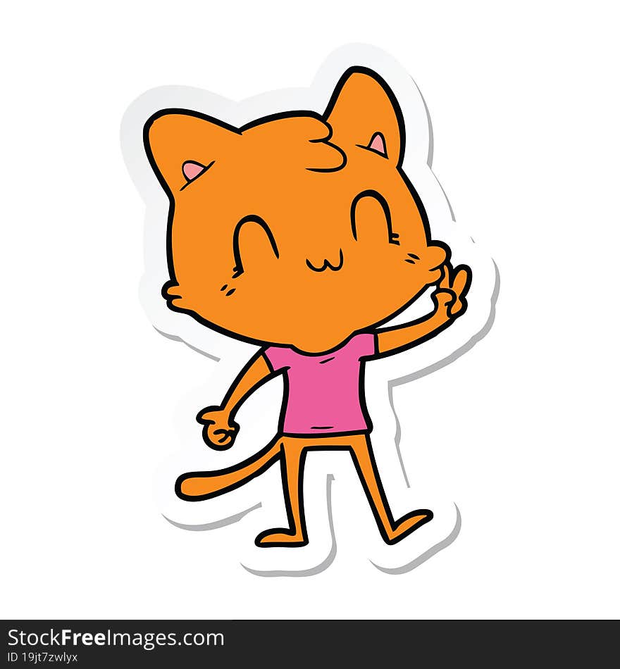 sticker of a cartoon happy cat giving peace sign