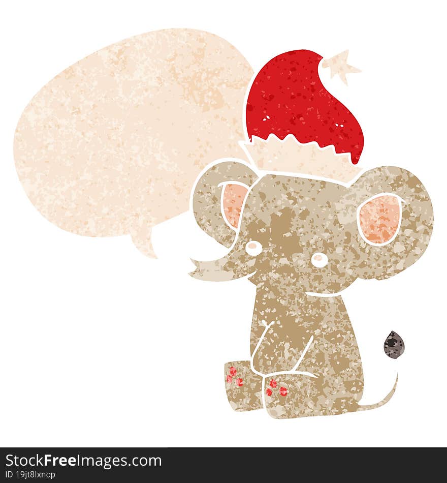 cute christmas elephant and speech bubble in retro textured style