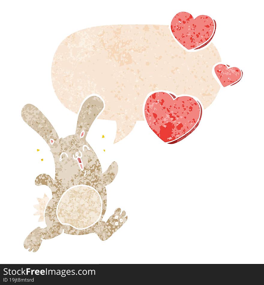 cartoon rabbit in love and speech bubble in retro textured style