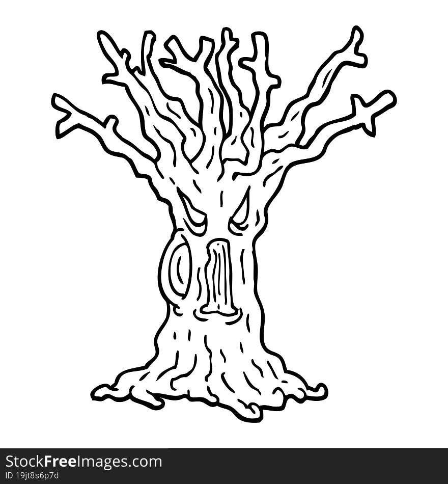 black and white cartoon spooky tree