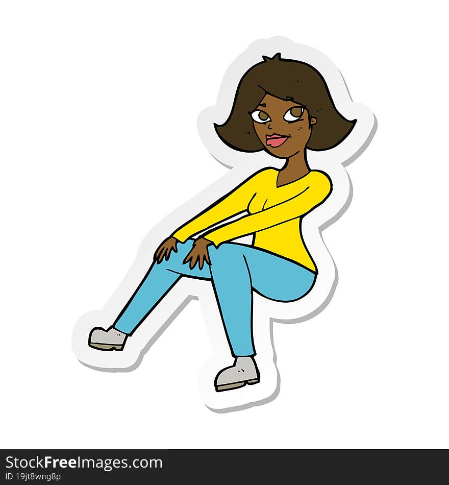 sticker of a cartoon happy woman sitting