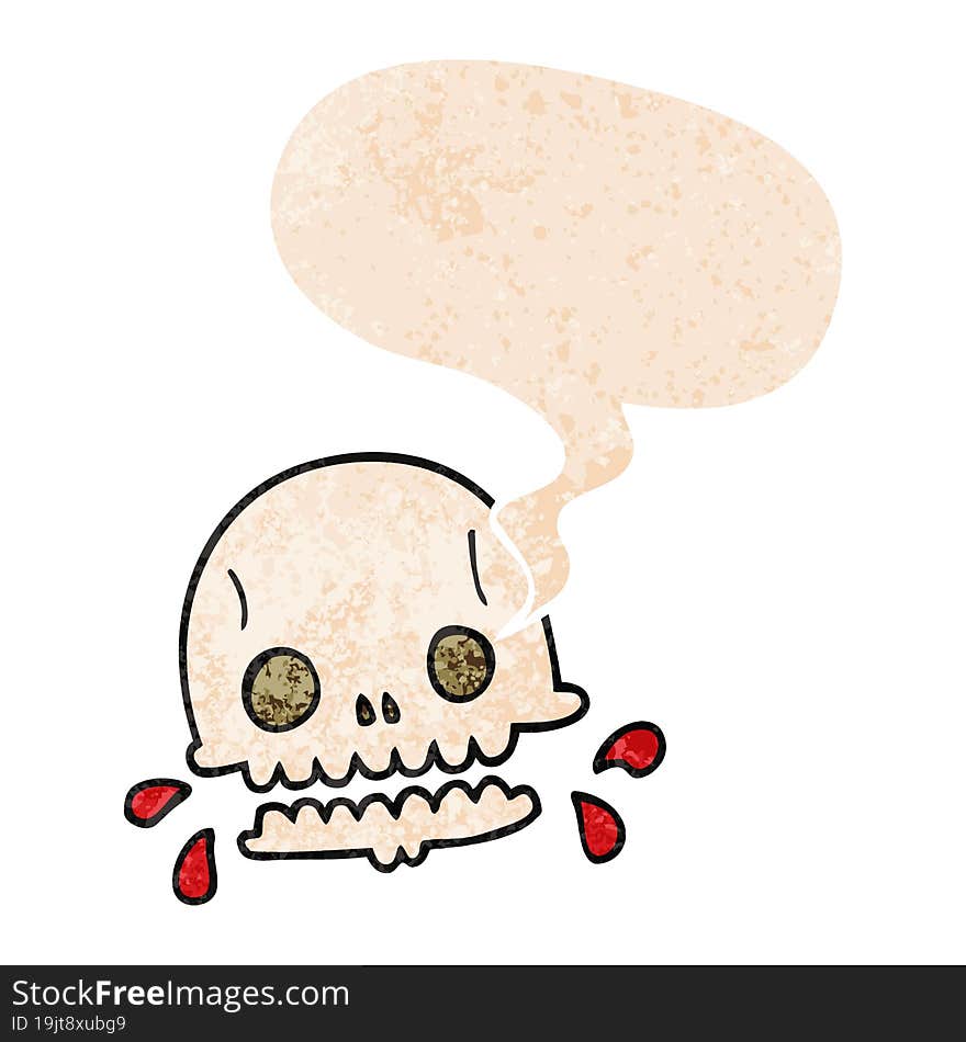 cartoon spooky skull and speech bubble in retro textured style