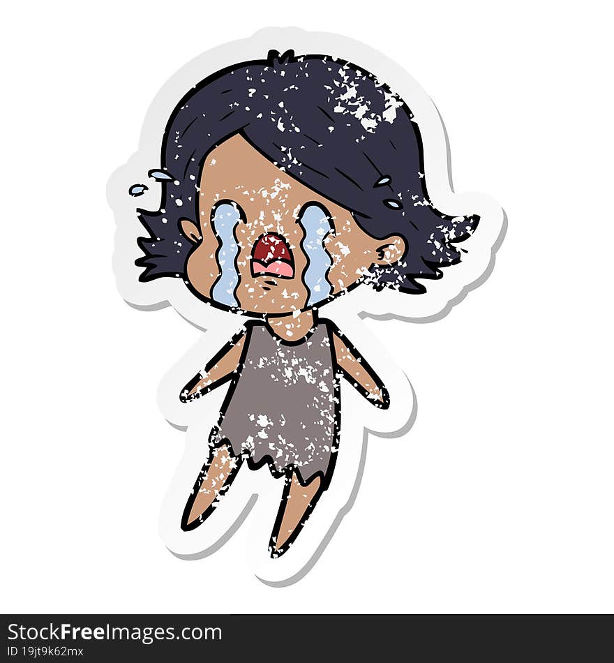 distressed sticker of a cartoon woman crying