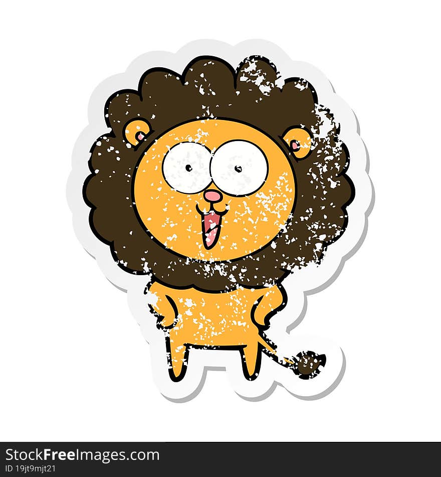 distressed sticker of a happy cartoon lion