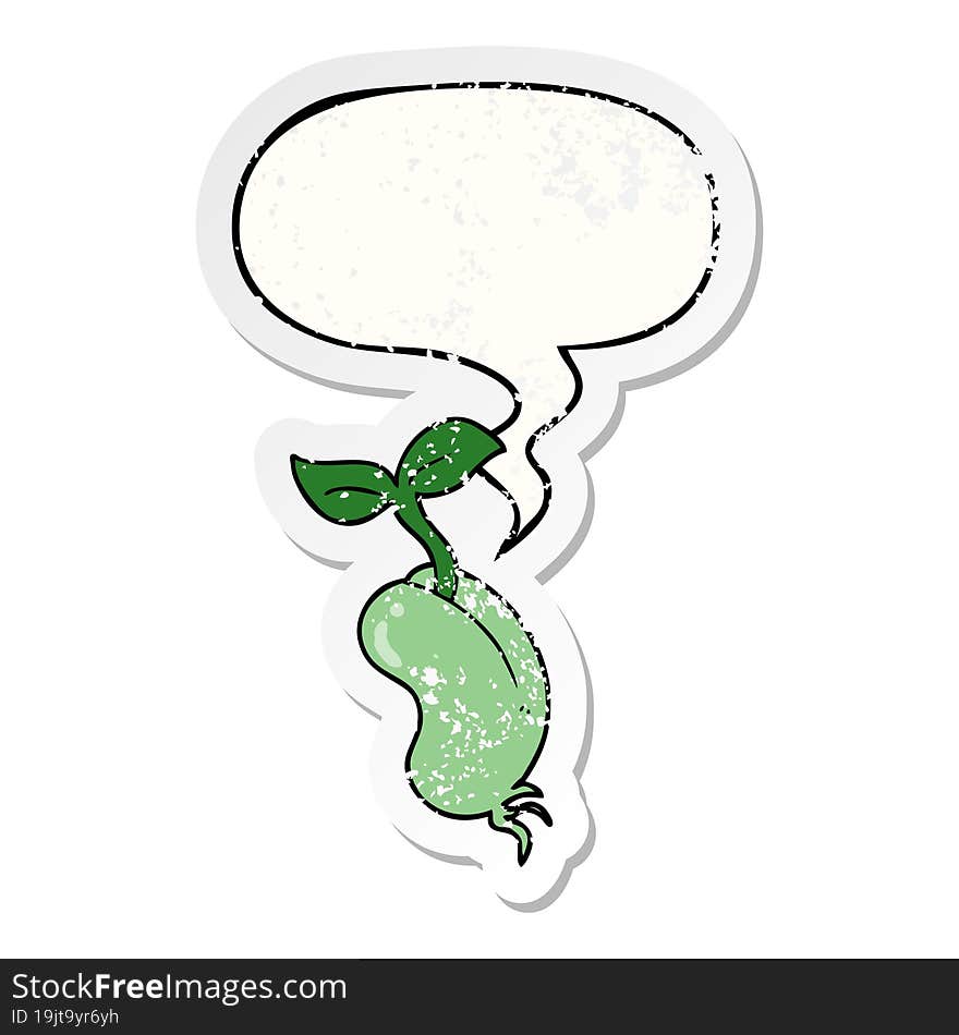 cartoon sprouting seed and speech bubble distressed sticker