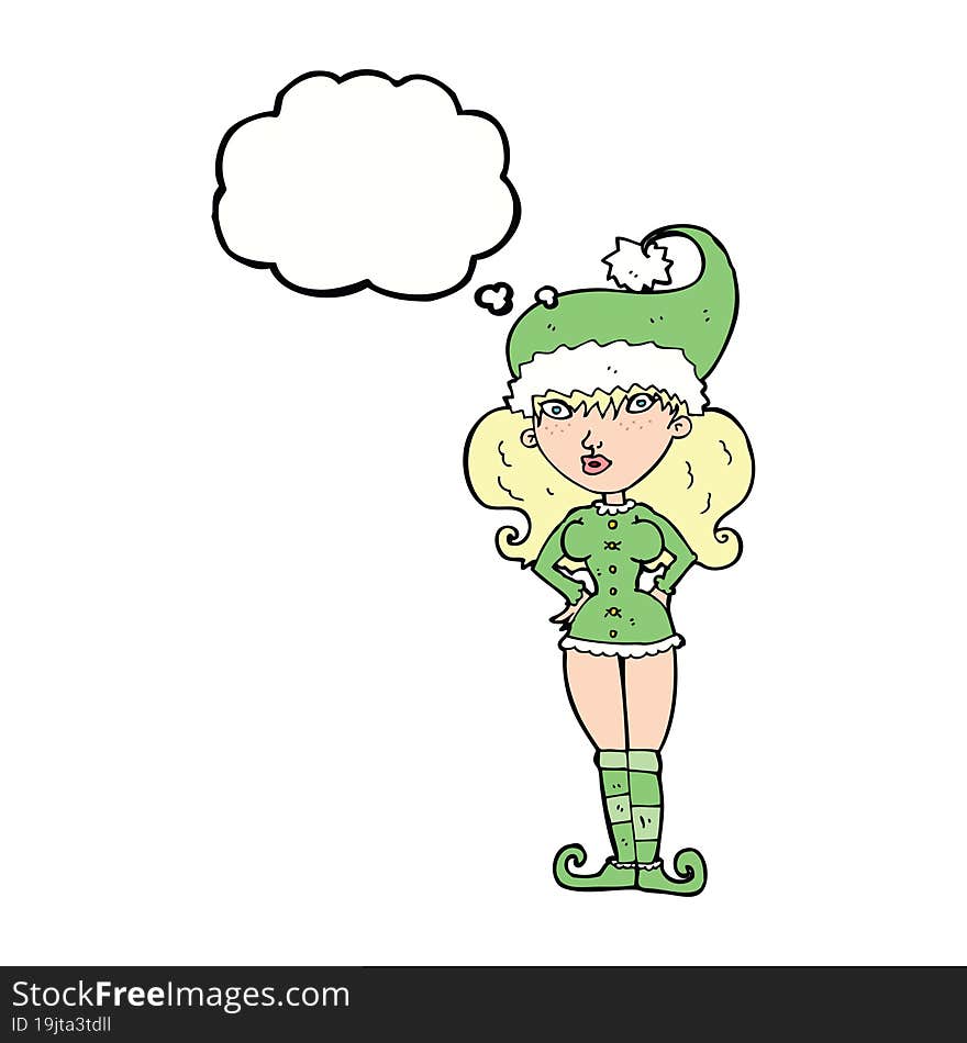 cartoon santa s helper woman with thought bubble