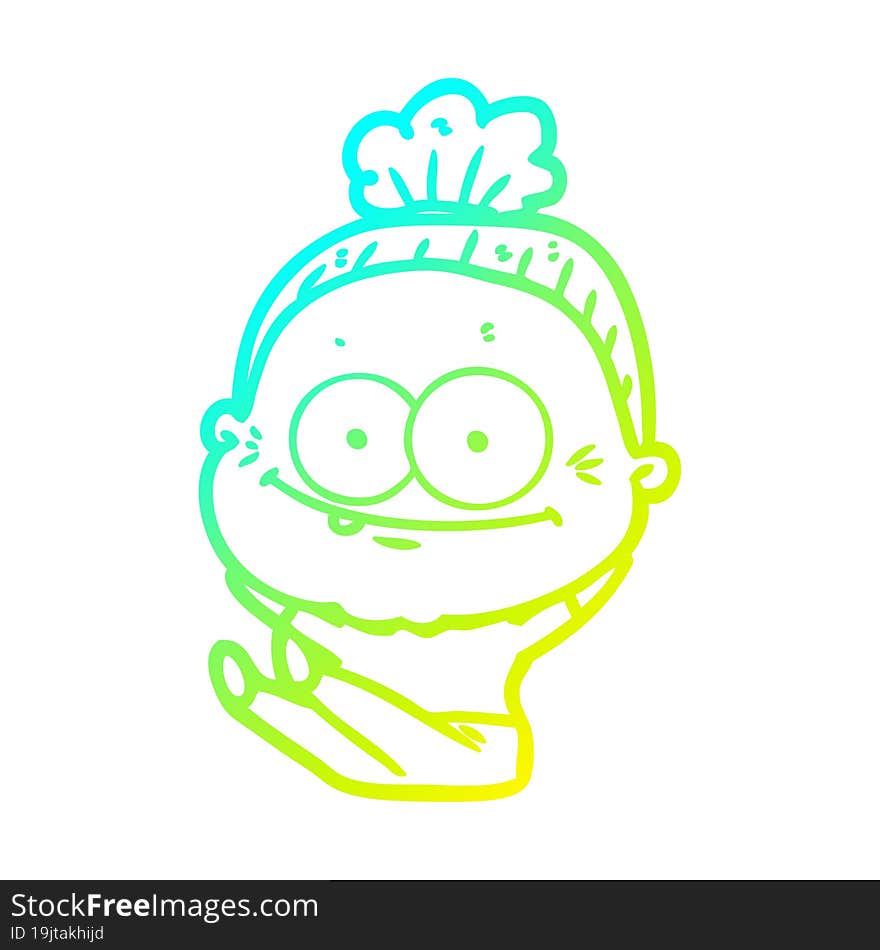 cold gradient line drawing of a cartoon happy old woman