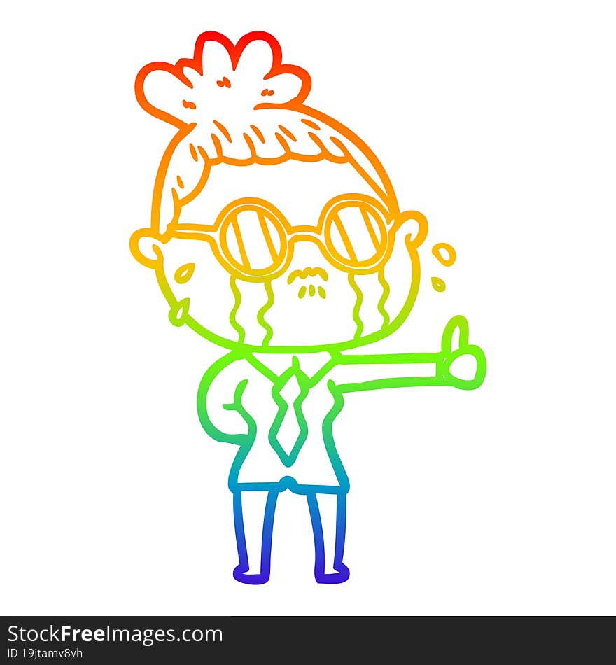 Rainbow Gradient Line Drawing Cartoon Crying Woman Wearing Spectacles