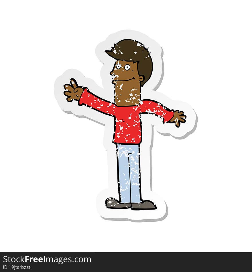 retro distressed sticker of a cartoon happy man waving