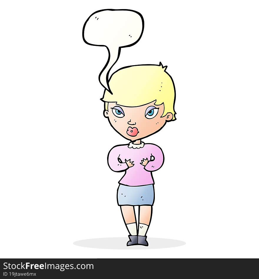 cartoon woman gesturing at self with speech bubble