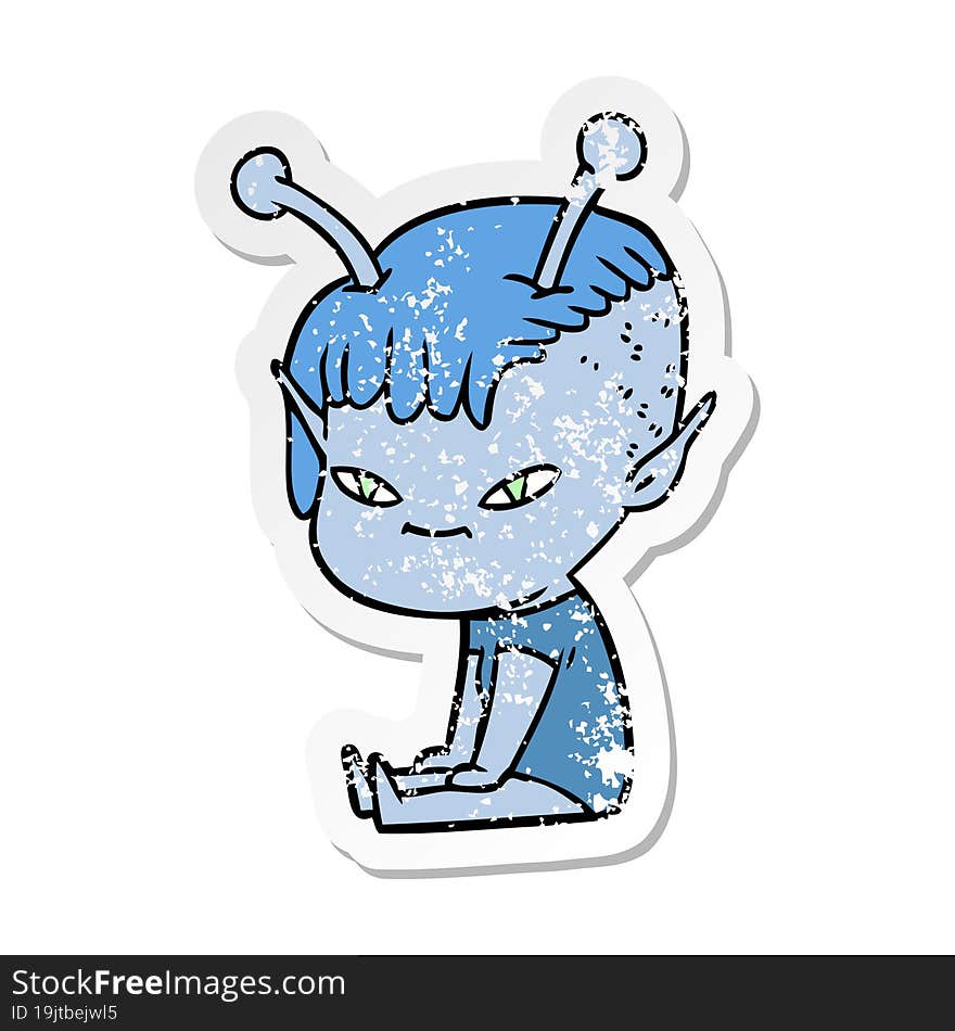 distressed sticker of a cute cartoon alien girl