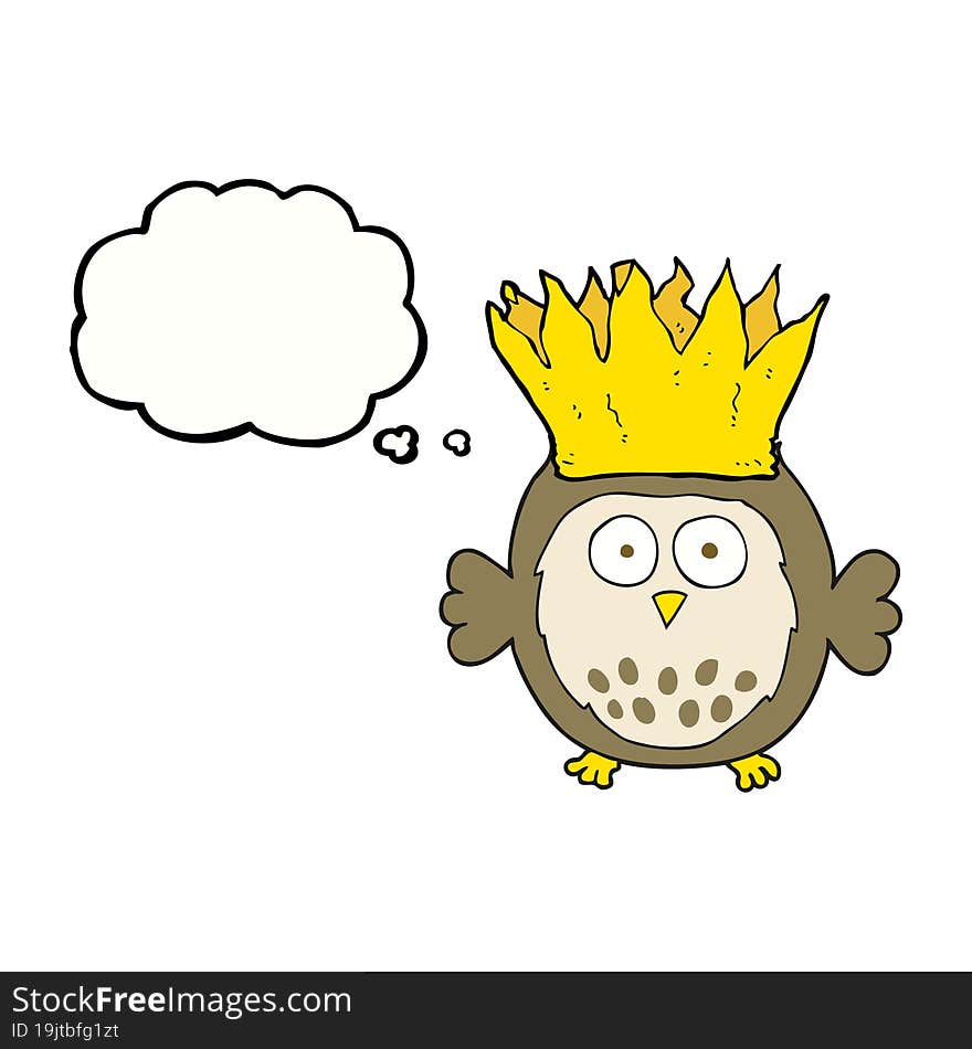 freehand drawn thought bubble cartoon owl wearing paper crown christmas hat