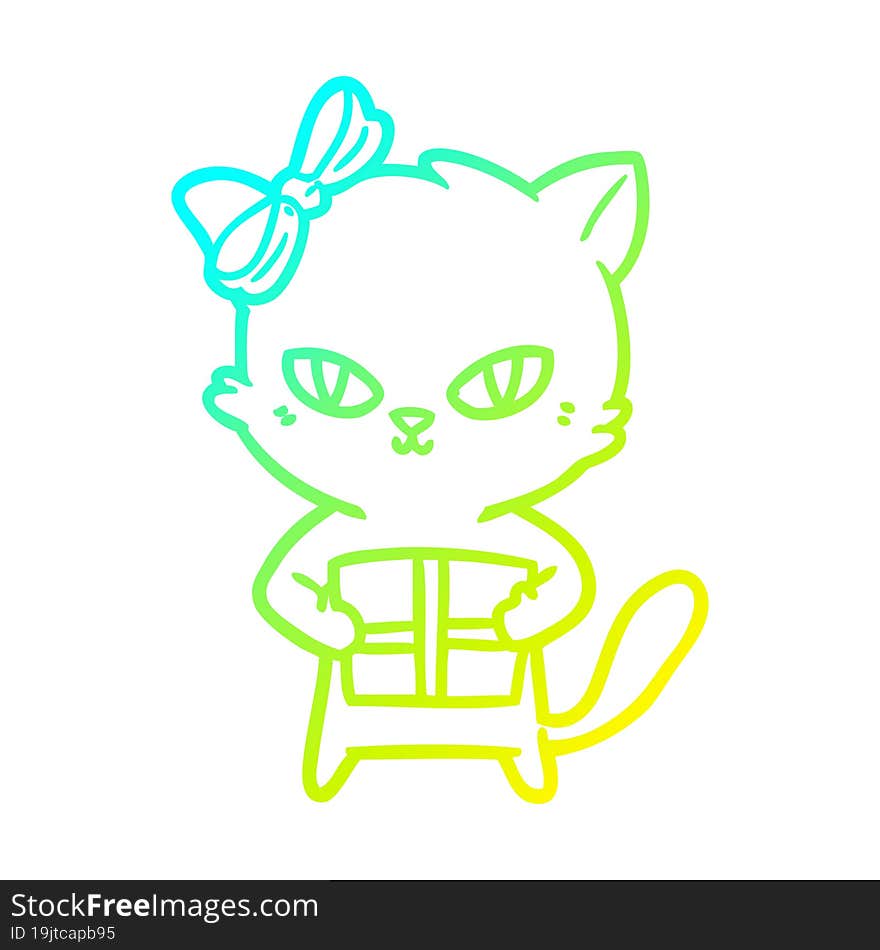 cold gradient line drawing of a cute cartoon cat with present