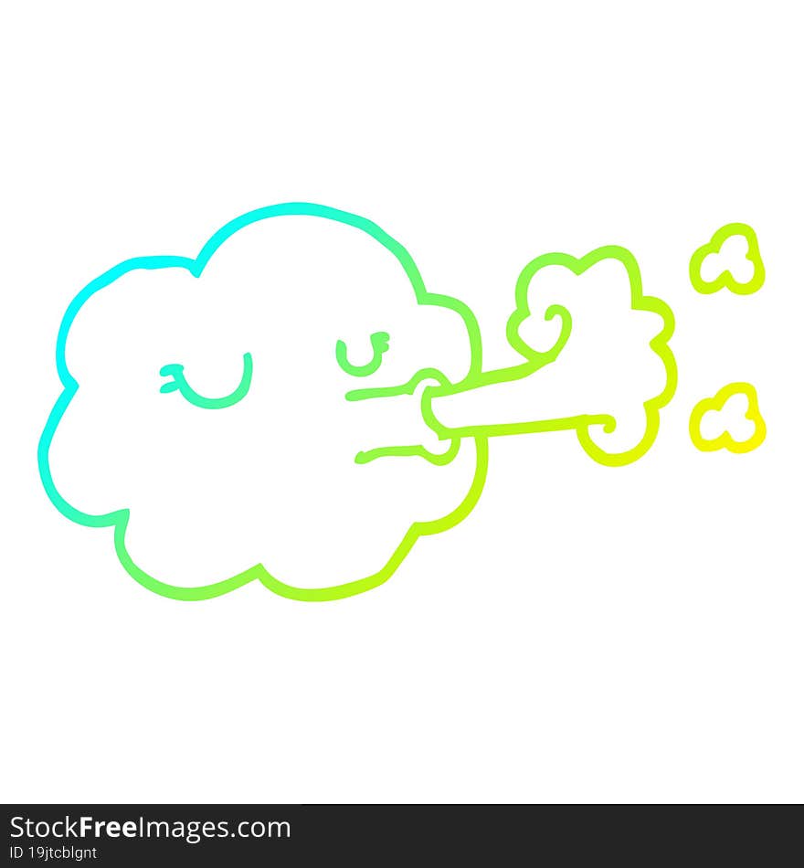 cold gradient line drawing of a cartoon cloud blowing a gale