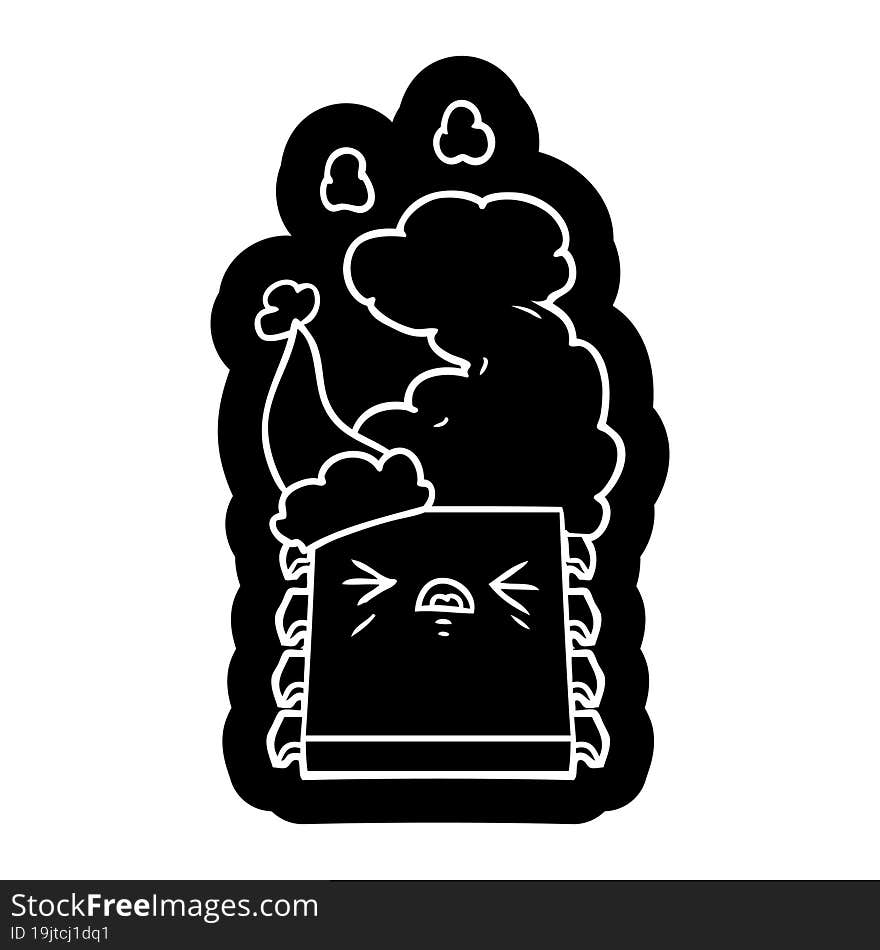 quirky cartoon icon of a overheating computer chip wearing santa hat