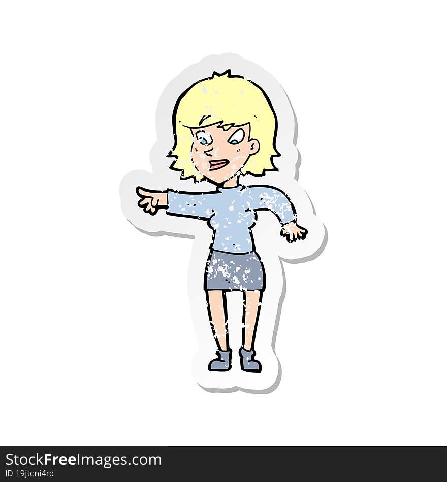 retro distressed sticker of a cartoon woman pointing