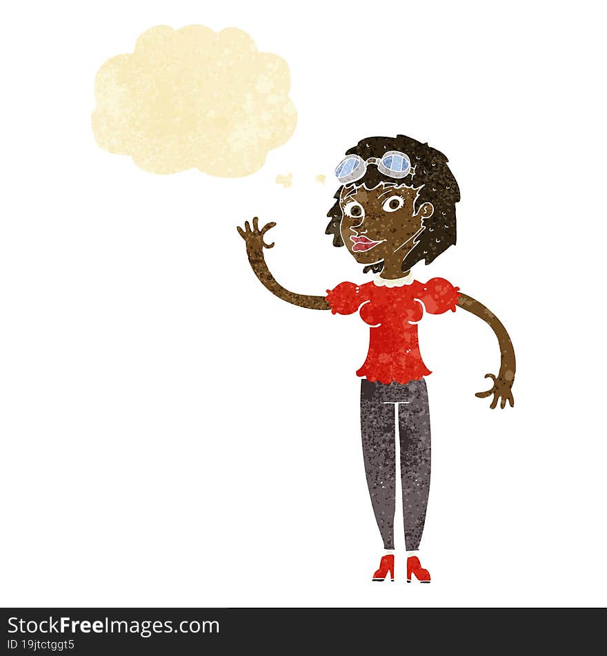 cartoon pilot woman waving with thought bubble