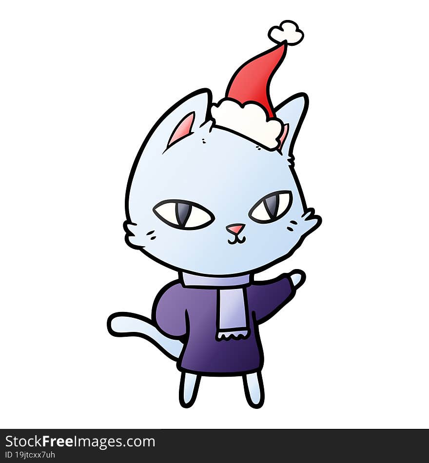 gradient cartoon of a cat staring wearing santa hat