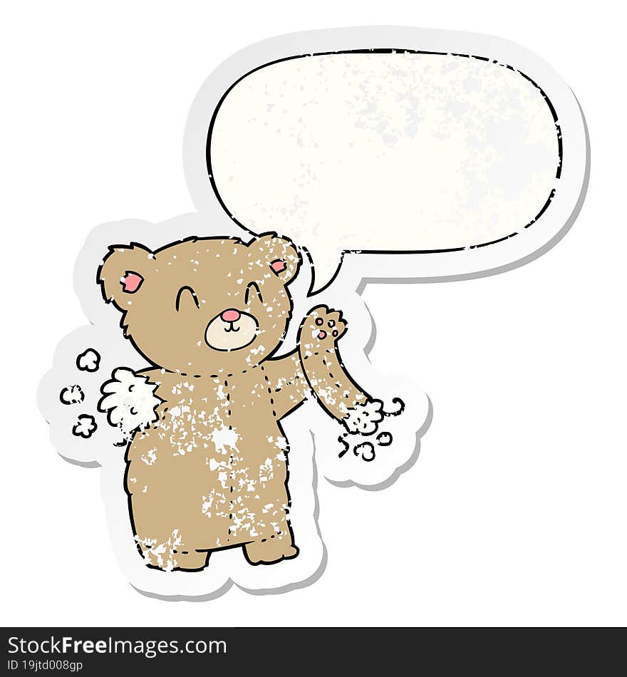 cartoon teddy bear and torn arm and speech bubble distressed sticker