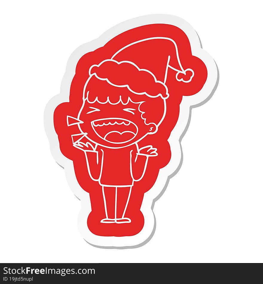 cartoon  sticker of a laughing man wearing santa hat