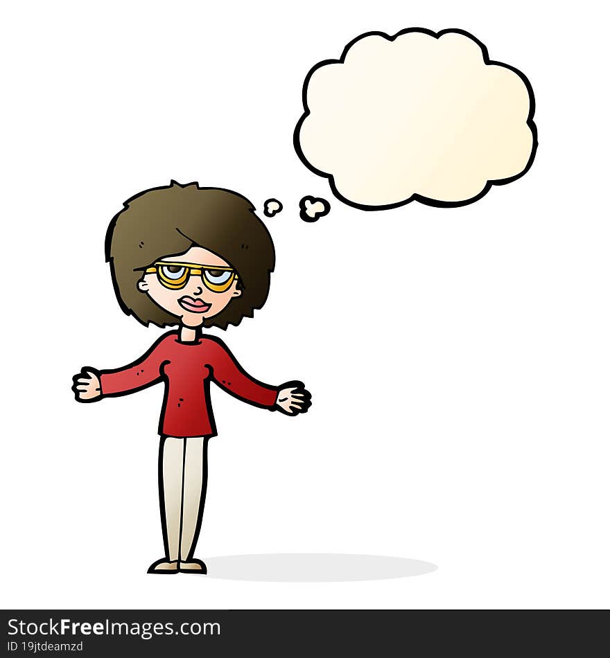 cartoon woman wearing spectacles with thought bubble