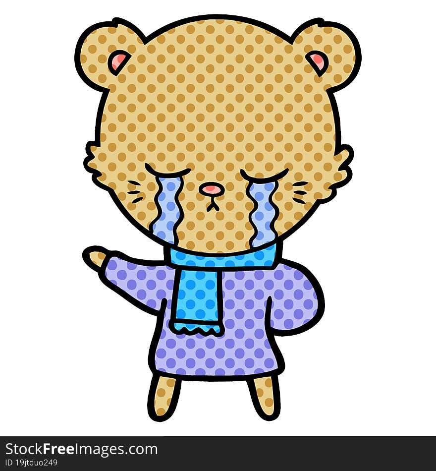 crying cartoon bear wearing winter clothes. crying cartoon bear wearing winter clothes