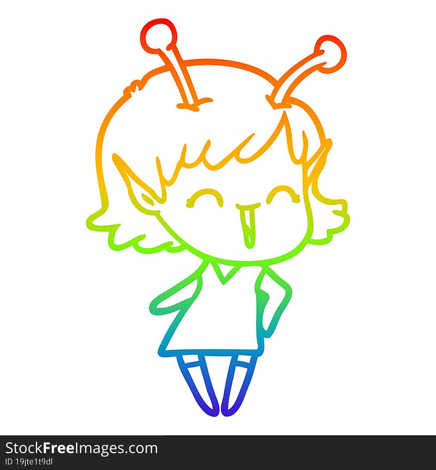 rainbow gradient line drawing of a cartoon alien girl laughing