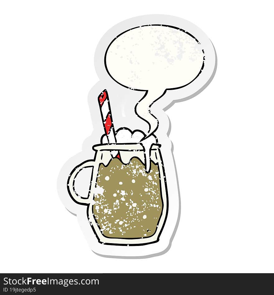 cartoon glass of root beer and straw and speech bubble distressed sticker