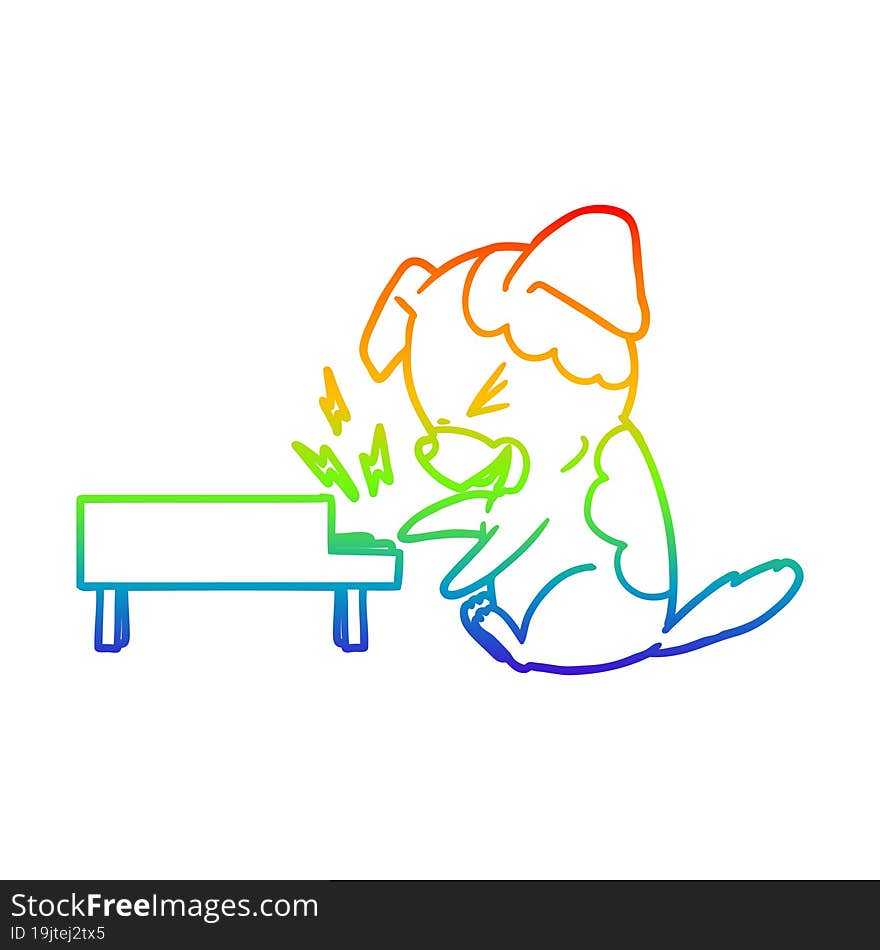 rainbow gradient line drawing of a cartoon dog rocking out on piano