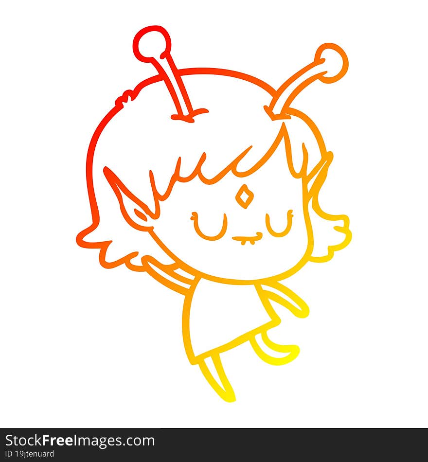 warm gradient line drawing of a cartoon alien girl