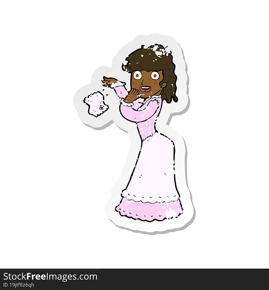 retro distressed sticker of a cartoon victorian woman dropping handkerchief