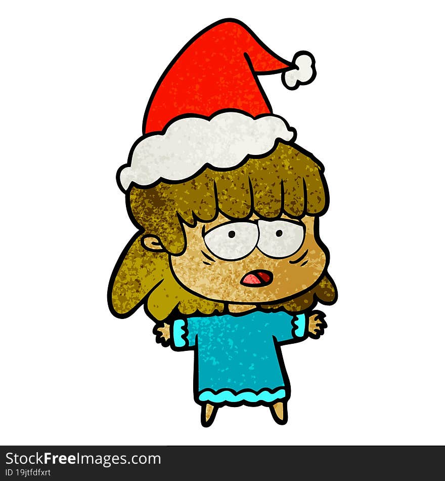 textured cartoon of a tired woman wearing santa hat