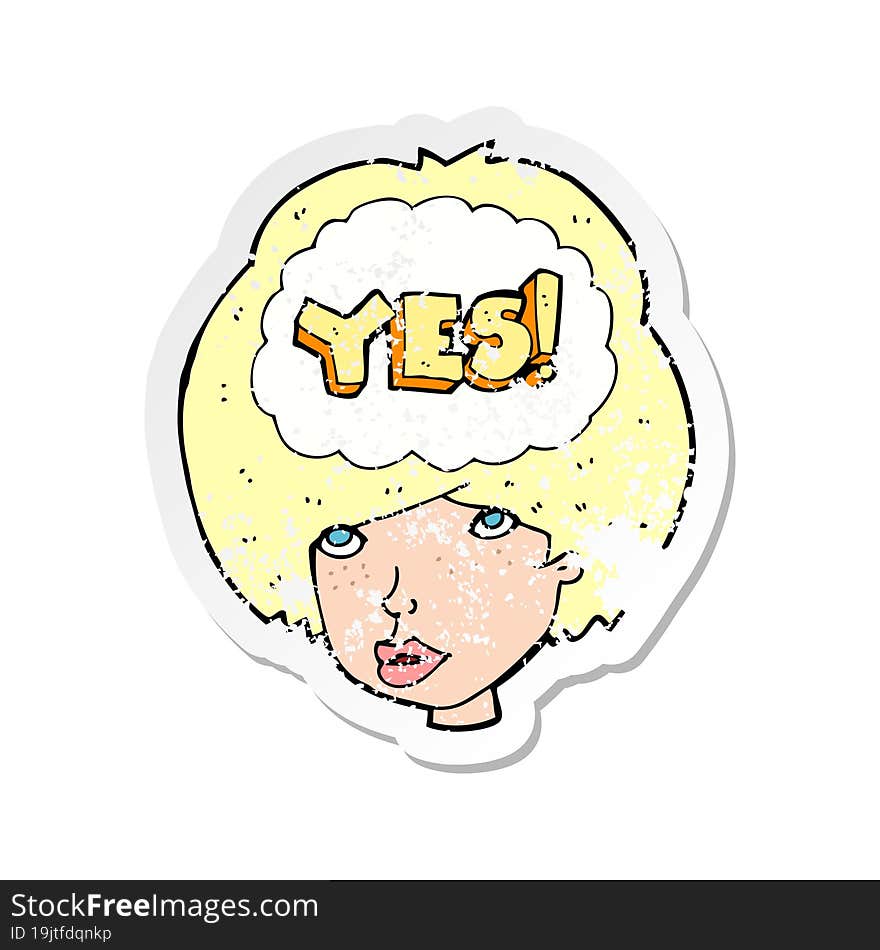 retro distressed sticker of a cartoon woman thinking yes