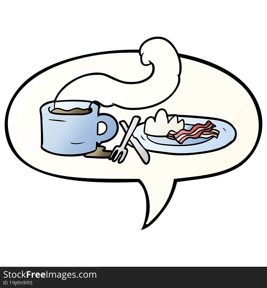 cartoon breakfast of coffee and bacon with speech bubble in smooth gradient style